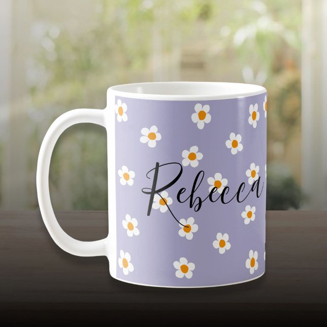 Caneca De Café Padrão de Margarida Moderna Fofa Roxo Personalizad (Cute Modern Daisy Pattern Purple Personalized Coffee Mug)