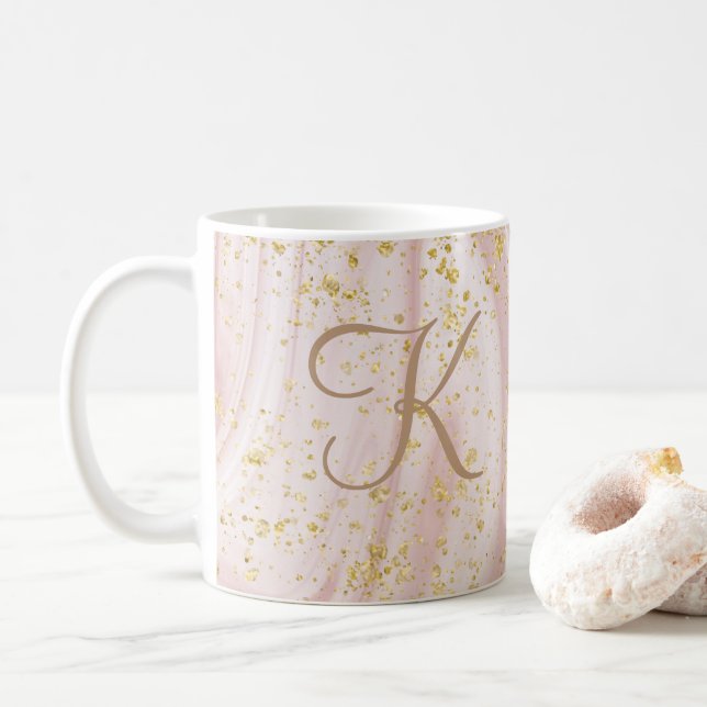 Caneca De Café Padrão de mármore rosa e branco com brilho dourado (Com Donut)