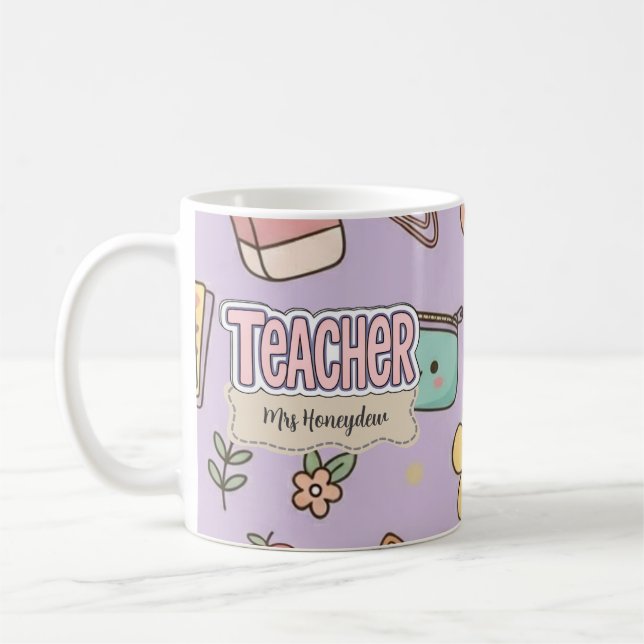 Caneca De Café Padrão de Material Escolar do Professor Roxo  (Esquerda)