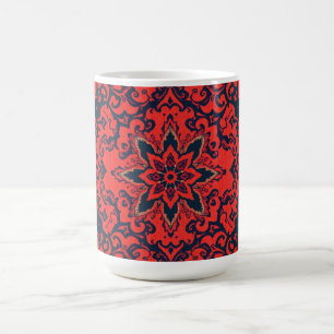 Caneca De Café Padrão de Medalhões Persas Luxuosos Vermelhos e Az