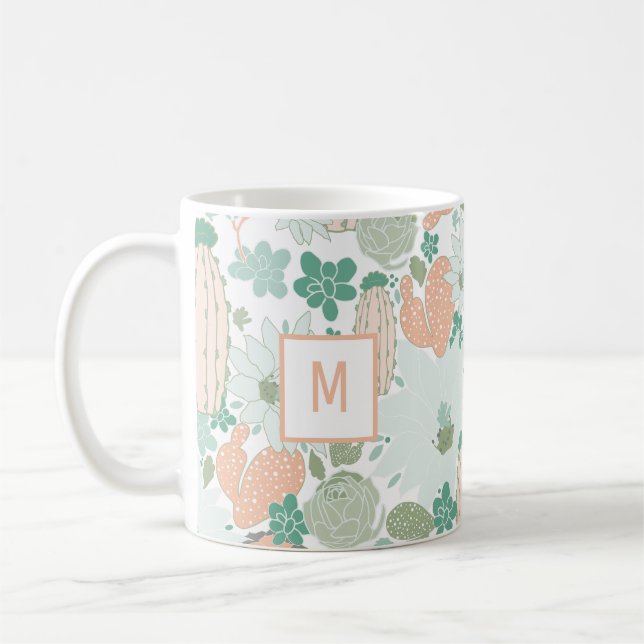 Caneca De Café Padrão de Monograma da Casa de Cactus Coral Cute (Esquerda)