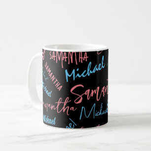 Caneca De Café Padrão de monograma de casais com dois nomes azul