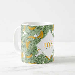 Caneca De Café Padrão de Monograma de Folhagem de Banana Tropical