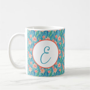 Caneca De Café Padrão de monograma de narcisos em aquarela laranj