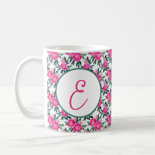 Caneca De Café Padrão de monograma de rosas em aquarela rosa