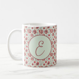 Caneca De Café Padrão de monograma de rosas rosa vintage
