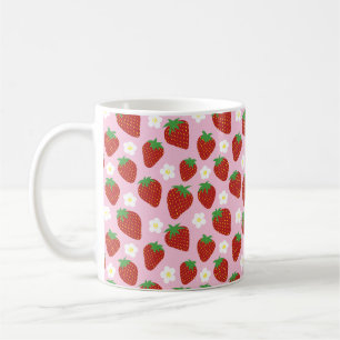 Caneca De Café Padrão de Morango Fofo em Fundo Rosa