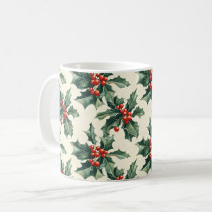 Caneca De Café Padrão de Natal com Holly Leaves e Red Berry
