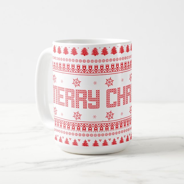 Caneca De Café Padrão de Natal Feliz e Feliz (Frente Esquerda)