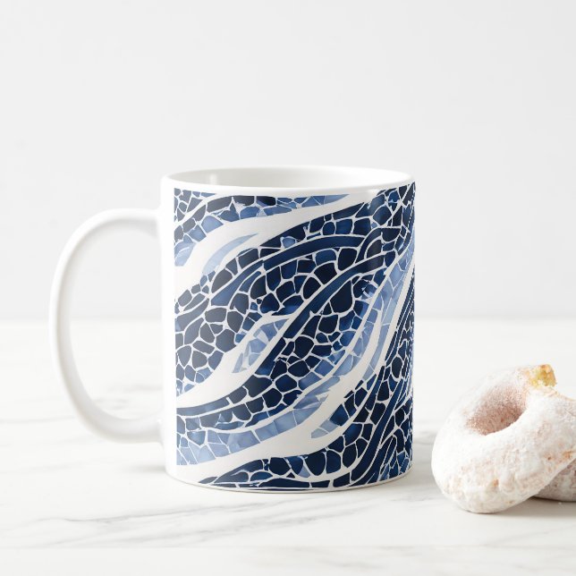 Caneca De Café Padrão de Onda Branco Azul 15 (Com Donut)