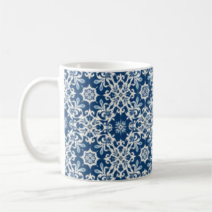 Caneca De Café Padrão de Ornamento Boho em Branco-Azul Vintage