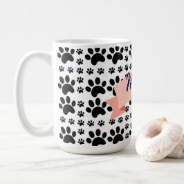 Caneca De Café Padrão de Pegada Preta Fofa & Fita "Meow" Pêssego