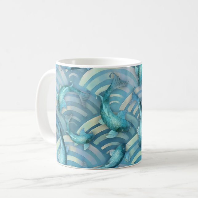Caneca De Café Padrão de Peixe Koi de Carpa Azul (Frente Esquerda)