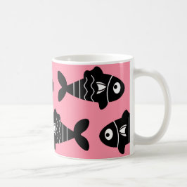 Caneca De Café Padrão de Peixe Preto Sem Costura com Rosa