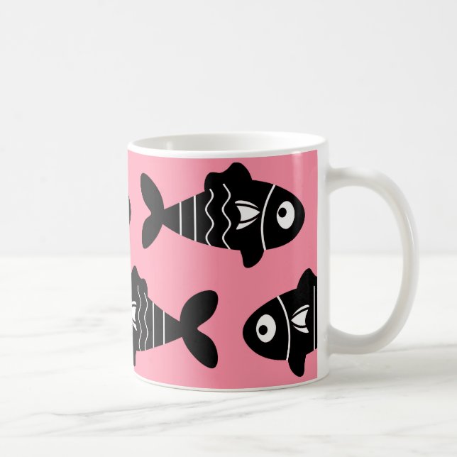 Caneca De Café Padrão de Peixe Preto Sem Costura com Rosa (Direita)