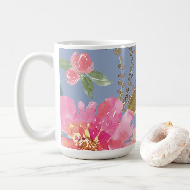 Caneca De Café Padrão de Penônio Rosa de Aquarela (Com Donut)