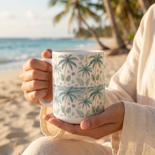 Caneca De Café Padrão de praia tropical, palmeiras e oceano calmo