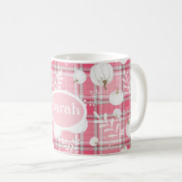 Caneca De Café padrão de queda rosa e branco com abóboras e nome