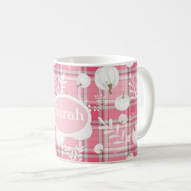 Caneca De Café padrão de queda rosa e branco com abóboras e nome (Frente Esquerda)
