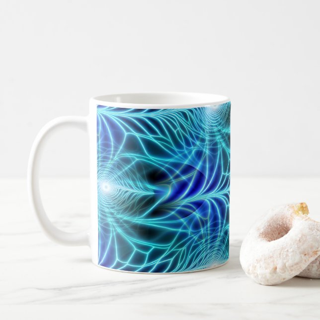 Caneca De Café Padrão de Repetição Fractal Luminoso Azul Elétrico (Com Donut)