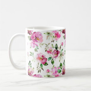 Caneca De Café Padrão de Rosa Selvagem em Aquarela