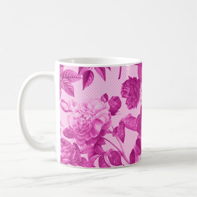 Caneca De Café Padrão de Rosas Cor-de-Rosa com Folhas (Esquerda)