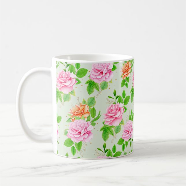 Caneca De Café Padrão de Rosas Cor-de-Rosa Floral (Esquerda)