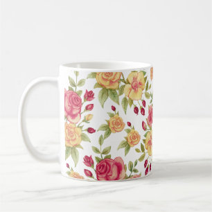 Caneca De Café Padrão de Rosas e Botões de Rosa Vermelhos e Amare