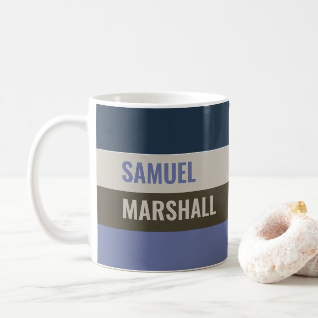 Caneca De Café Padrão de Stripes Azul e Castanho Personalizado (Com Donut)