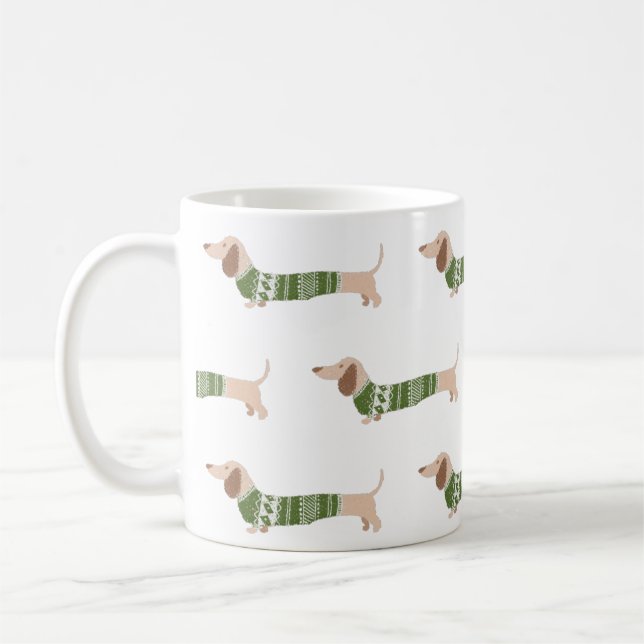 Caneca De Café Padrão de Suéter de Natal Feio Verde Dachshund (Esquerda)