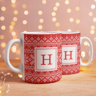Caneca De Café Padrão de Suéter Nórdico Vermelho Monograma Feriad