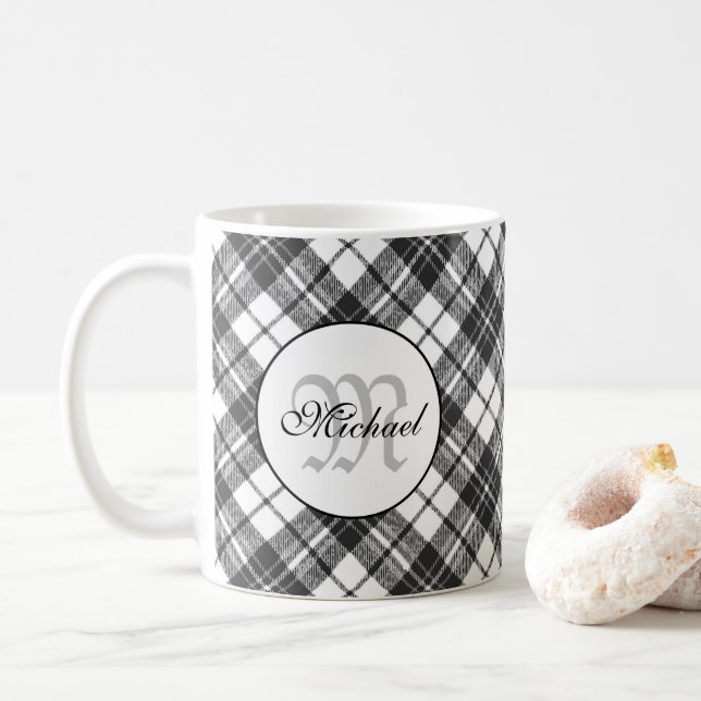 Caneca De Café Padrão de Tartan Gratuito Gratuito Monograma Branc (Com Donut)