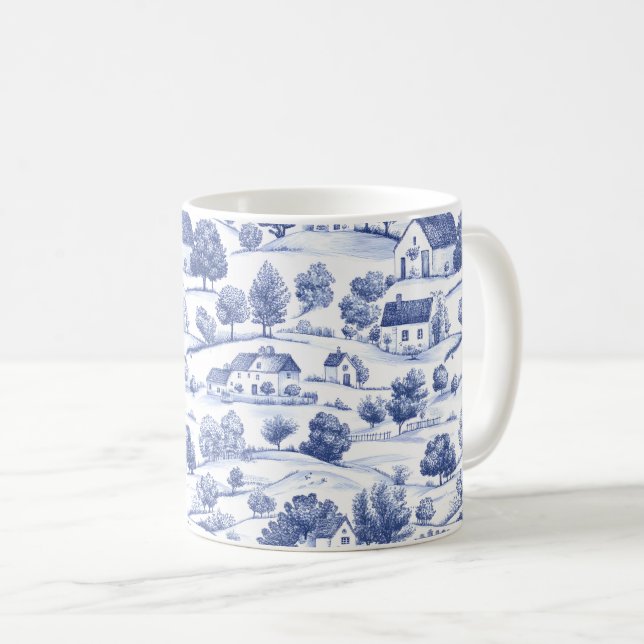 Caneca De Café Padrão de Toile Francesa Azul Campo (Frente Esquerda)