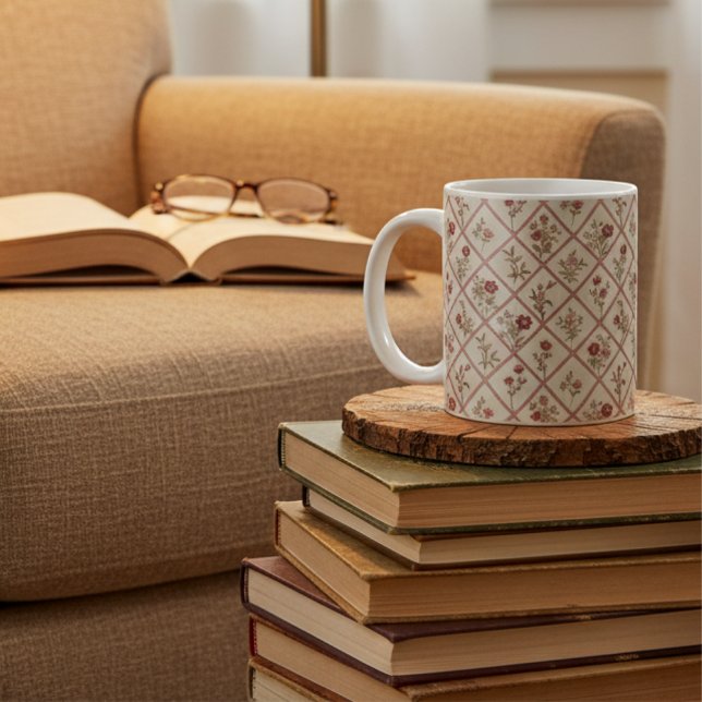 Caneca De Café Padrão de Treliça Floral Rosa Clássico (Criador carregado)