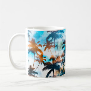 Caneca De Café Padrão de verão, árvores tropicais, céu.