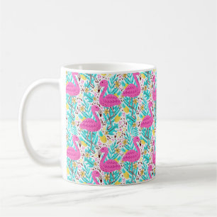 Caneca De Café Padrão de verão brilhante com flamingo, coraçõ