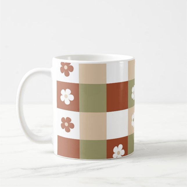 Caneca De Café Padrão de Verificação de Gingham da Flor de Outono (Esquerda)
