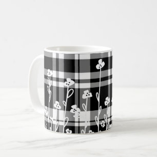 Caneca De Café Padrão de xadrez branca floral negro Elegante