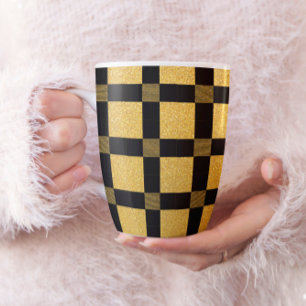 Caneca De Café Padrão de xadrez de Bufallo Preto e ouro
