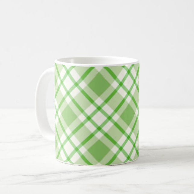Caneca De Café Padrão de xadrez diagonal verde claro (Frente Esquerda)
