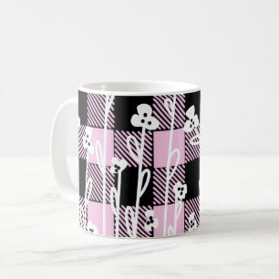 Caneca De Café Padrão de xadrez floral preto-de-rabo-preto-rosa