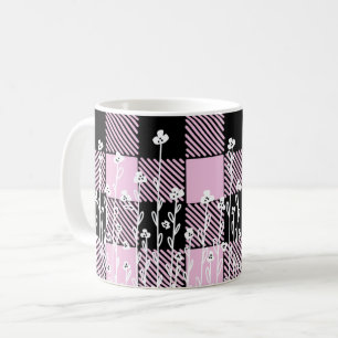 Caneca De Café Padrão de xadrez floral preto-de-rabo-preto-rosa