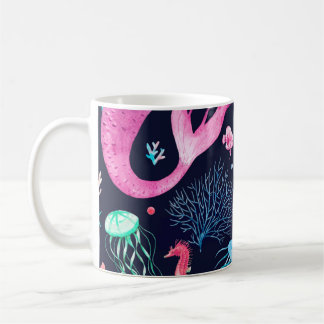 Caneca De Café Padrão do mar de aquarelas com sereias, corais, fo
