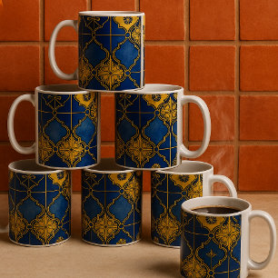 Caneca De Café Padrão Dourado e azul elegante marroquino