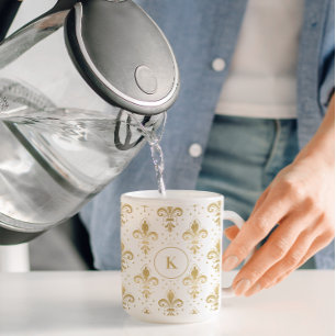 Caneca De Café Padrão Dourado e branco de pulgas-de-lis sem solda