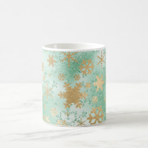 Caneca De Café Padrão Elegante de Floco de Neve Verde e Dourado