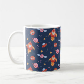 Caneca De Café Padrão Espaço Infantil com Foguetes e Planetas
