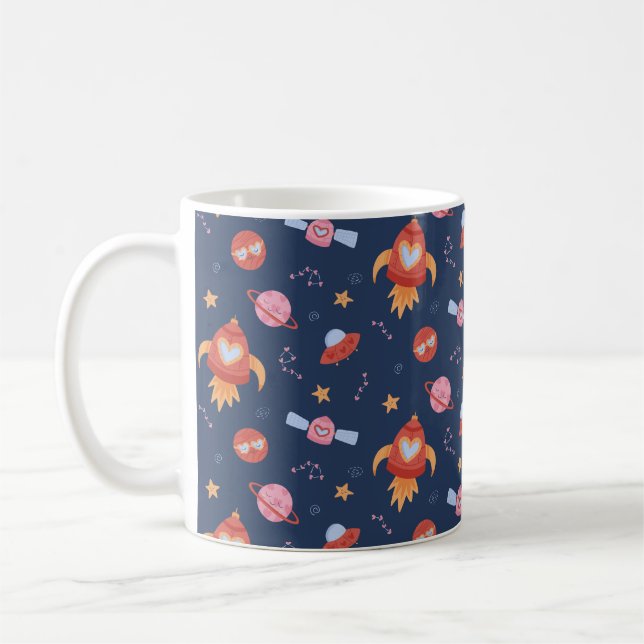 Caneca De Café Padrão Espaço Infantil com Foguetes e Planetas (Esquerda)