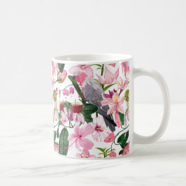 Caneca De Café Padrão exótico tropical com papagaio e flores