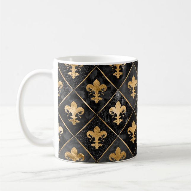 Caneca De Café Padrão Fleur-de-lis Marble Preto e Dourado (Esquerda)